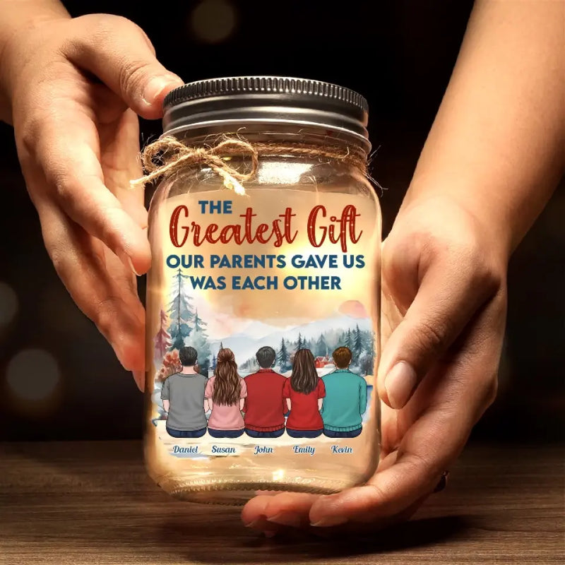 Family Is A Little World Created By Love - Family Personalized Custom Mason Jar Light - Gift For Siblings, Brothers, Sisters