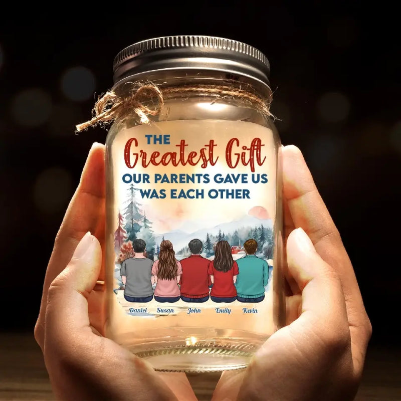 Family Is A Little World Created By Love - Family Personalized Custom Mason Jar Light - Gift For Siblings, Brothers, Sisters