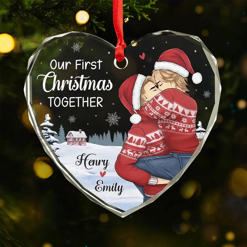 A Beautiful Sight, We're Happy Tonight	- Couple Personalized Custom Heart Glass Ornament - Christmas Gift For Husband Wife, Anniversary, First Christmas