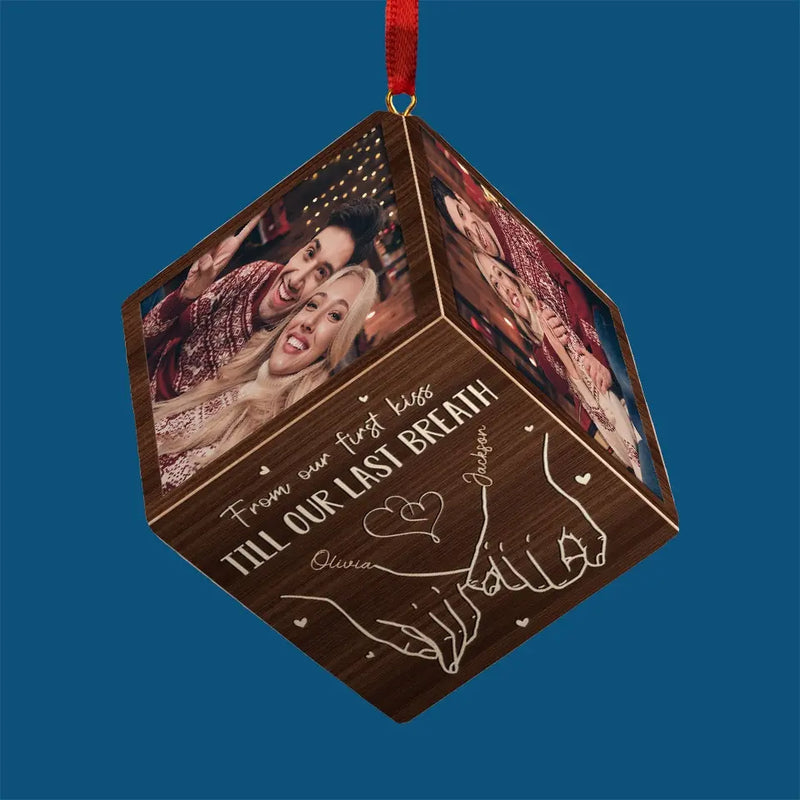 Custom Photo From Our First Kiss - Couple Personalized Custom Wooden Cube Ornament - Christmas Gift For Husband Wife, Anniversary