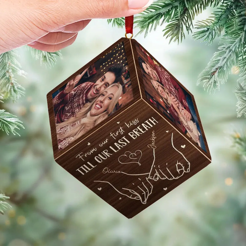 Custom Photo From Our First Kiss - Couple Personalized Custom Wooden Cube Ornament - Christmas Gift For Husband Wife, Anniversary