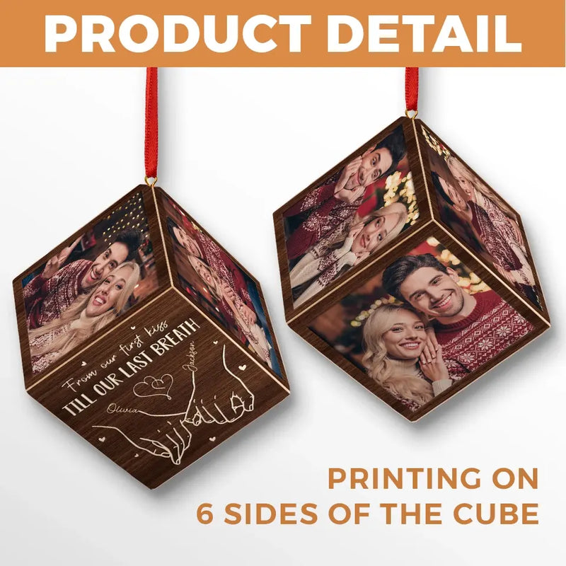 Custom Photo From Our First Kiss - Couple Personalized Custom Wooden Cube Ornament - Christmas Gift For Husband Wife, Anniversary