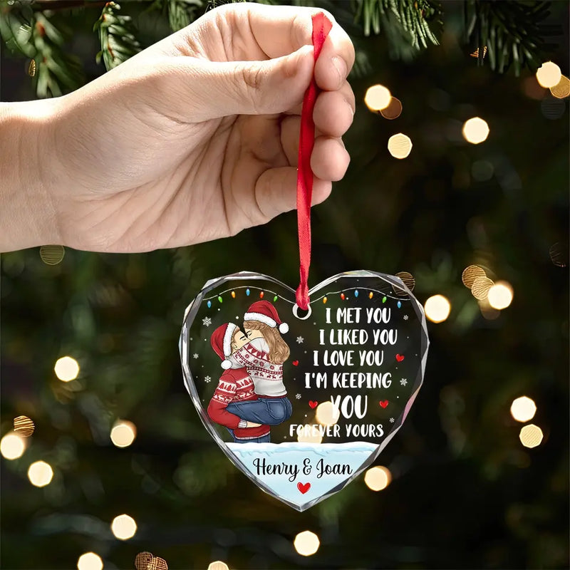 All I Want For Christmas Is Your Kiss - Couple Personalized Custom Heart Glass Ornament - Christmas Gift For Husband Wife, Anniversary