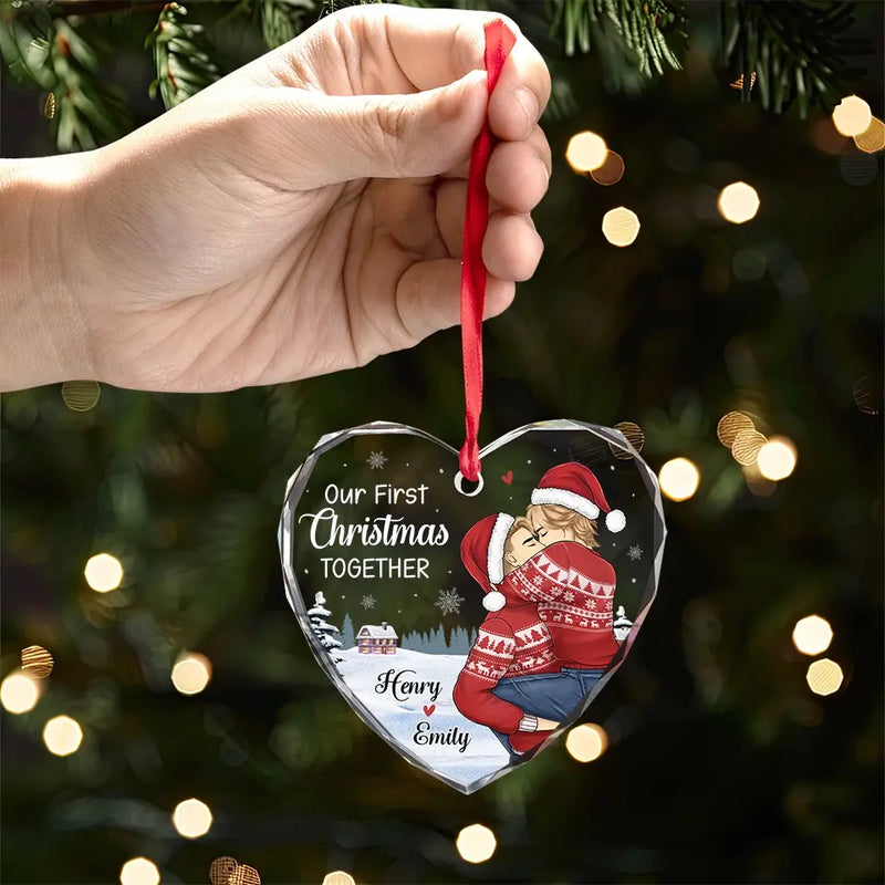 A Beautiful Sight, We're Happy Tonight	- Couple Personalized Custom Heart Glass Ornament - Christmas Gift For Husband Wife, Anniversary, First Christmas