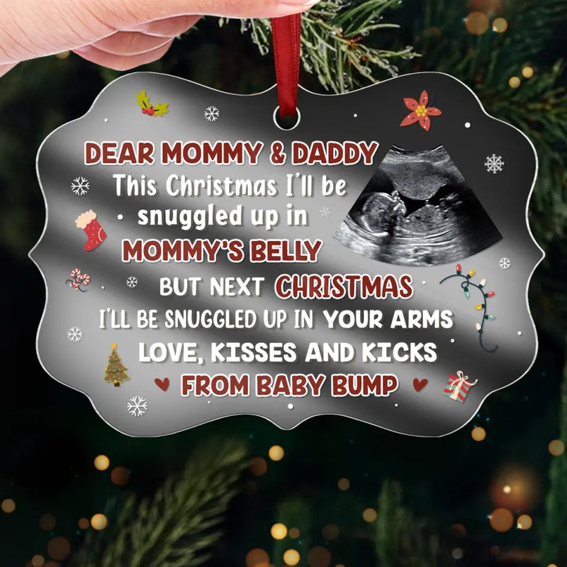 Custom Photo Sweetest Little Present Under The Tree - Family Personalized Custom Mirrored Acrylic Ornament - Christmas Gift For Baby Kids, Newborn Baby