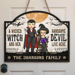 Custom Name Halloween Witch and Devil Couple Gifts - Personalized Wood Sign