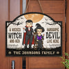A Wicked Witch And Her Handsome Devil Live Here - Couple Personalized Custom Home Decor Wood Sign - Halloween Gift For Husband Wife, Anniversary