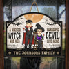 A Wicked Witch And Her Handsome Devil Live Here - Couple Personalized Custom Home Decor Wood Sign - Halloween Gift For Husband Wife, Anniversary