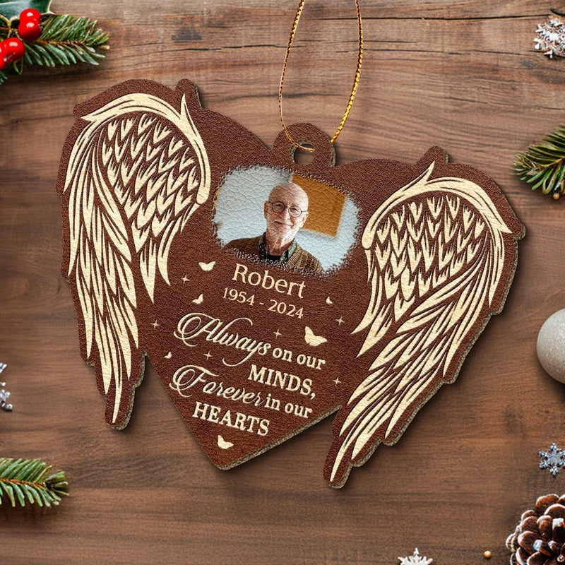 Custom Photo Always On Our Minds - Memorial Personalized Custom Leather Ornament - Sympathy Gift, Christmas Gift For Family Members
