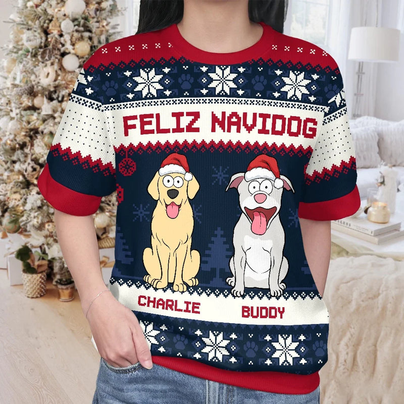 Happy Pawlidays - Dog & Cat Personalized Custom All Over Print Adult Short Sleeve Sweater - Christmas Gift For Pet Owners, Pet Lovers