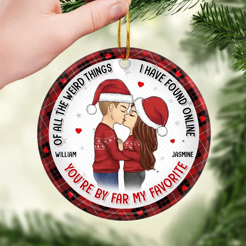 Warm Hugs And Mistletoe Kisses - Couple Personalized Custom Ornament - Ceramic Round Shaped - Christmas Gift For Husband Wife, Anniversary