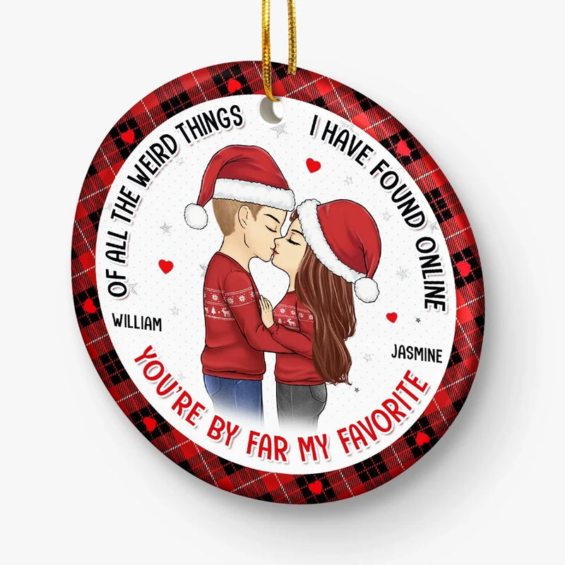 Warm Hugs And Mistletoe Kisses - Couple Personalized Custom Ornament - Ceramic Round Shaped - Christmas Gift For Husband Wife, Anniversary