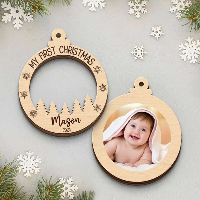 Custom Photo First Christmas Snuggles, First Christmas Giggles - Family Personalized Custom Shaped 2 Layered Wood Christmas Ornament - Christmas Gift For Baby Kids, Newborn Baby