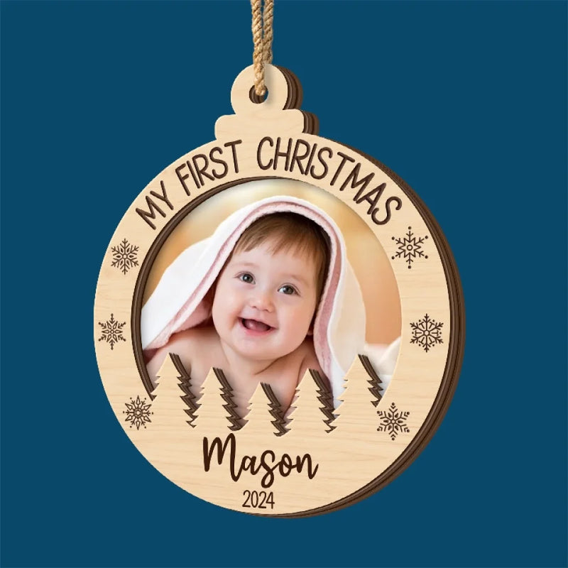 Custom Photo First Christmas Snuggles, First Christmas Giggles - Family Personalized Custom Shaped 2 Layered Wood Christmas Ornament - Christmas Gift For Baby Kids, Newborn Baby