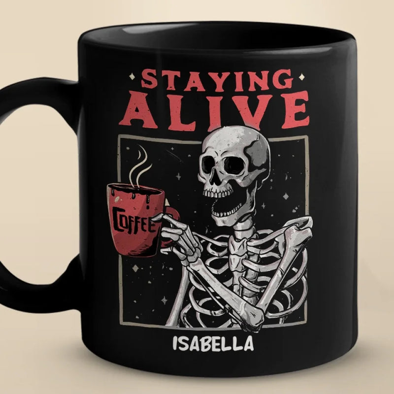 Feeling Fabulous, Down To The Bone - Family Personalized Custom Black Mug - Halloween Gift For Family Members