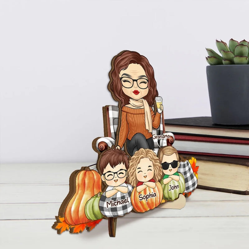 Autumn Skies And Pumpkin Pies - Family Personalized Custom 2-Layered Wooden Plaque With Stand - Autumn Fall Gift For Mom, Grandma
