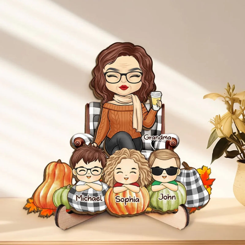 Autumn Skies And Pumpkin Pies - Family Personalized Custom 2-Layered Wooden Plaque With Stand - Autumn Fall Gift For Mom, Grandma