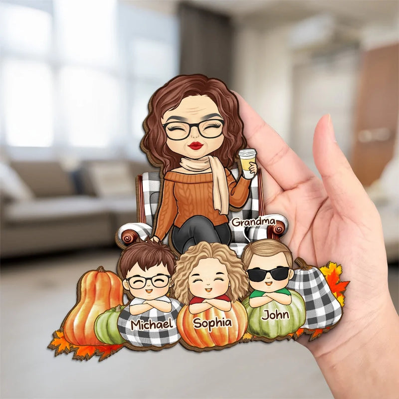 Autumn Skies And Pumpkin Pies - Family Personalized Custom 2-Layered Wooden Plaque With Stand - Autumn Fall Gift For Mom, Grandma