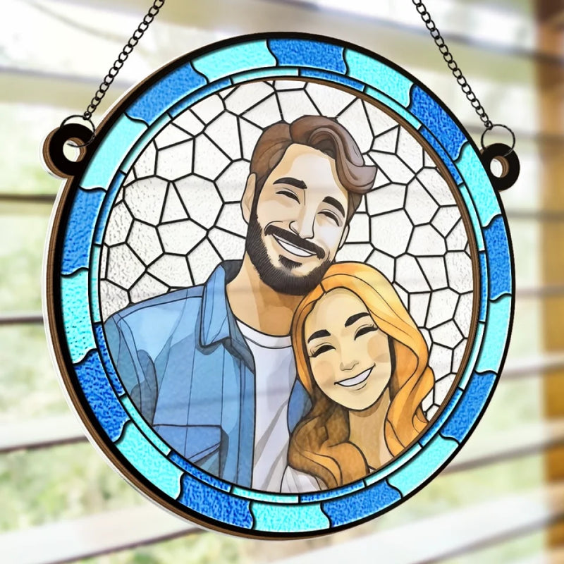 Custom Photo Two Hearts, One Journey - Couple Personalized Window Hanging Suncatcher - Gift For Husband Wife, Anniversary