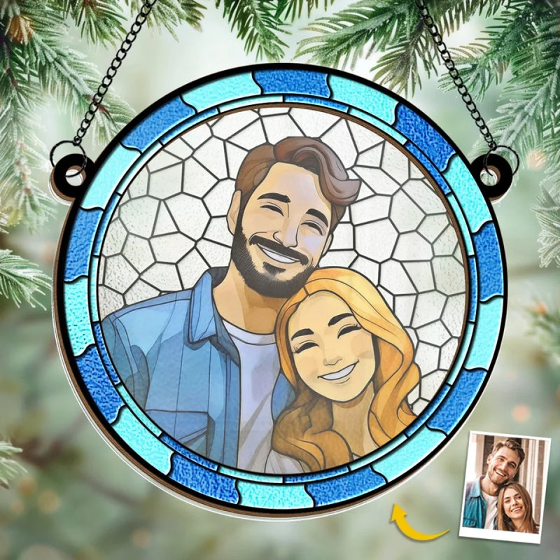 Custom Photo Two Hearts, One Journey - Couple Personalized Window Hanging Suncatcher - Gift For Husband Wife, Anniversary