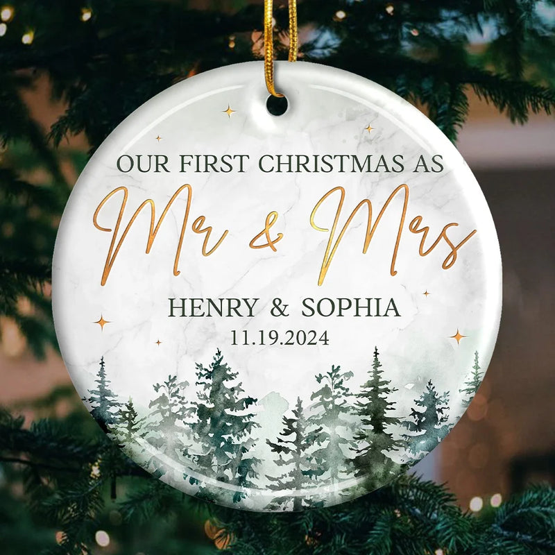 First Christmas Married - Couple Personalized Custom Ornament - Ceramic Round Shaped - Christmas Gift For Husband Wife, Anniversary, First Christmas