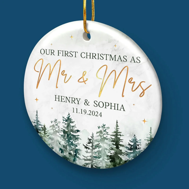 First Christmas Married - Couple Personalized Custom Ornament - Ceramic Round Shaped - Christmas Gift For Husband Wife, Anniversary, First Christmas