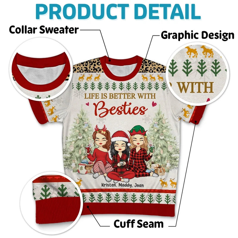 Life Is Better With Besties - Bestie Personalized Custom All Over Print Adult Short Sleeve Sweater - Christmas Gift For Best Friends, BFF, Sisters