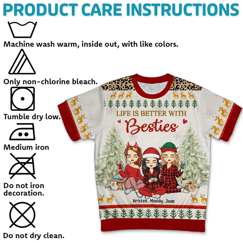 Life Is Better With Besties - Bestie Personalized Custom All Over Print Adult Short Sleeve Sweater - Christmas Gift For Best Friends, BFF, Sisters