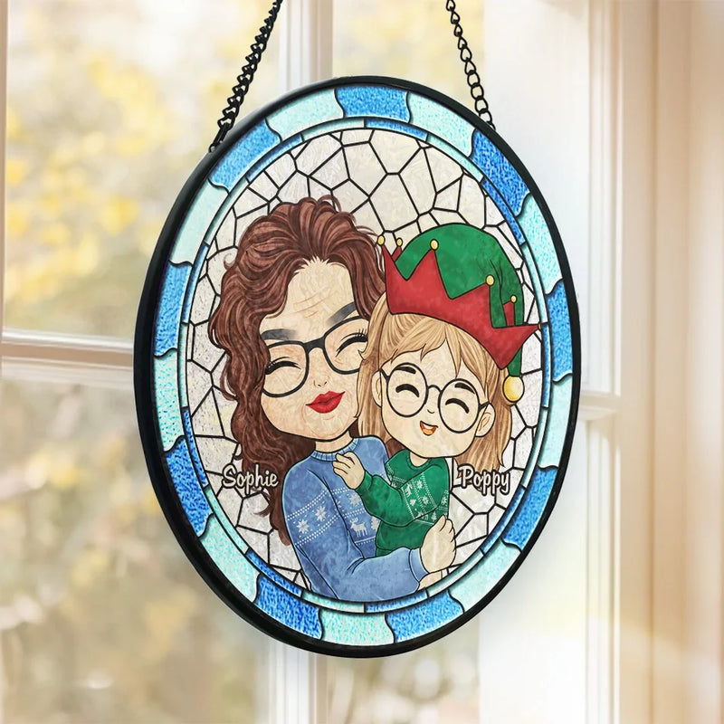 Grandma's Hugs Make Christmas Warm And Bright - Family Personalized Custom Stained Glass Window Hanging Suncatcher - Christmas Gift For Mom, Grandma
