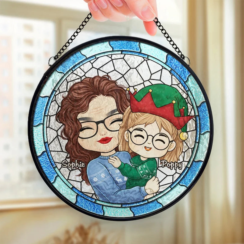 Grandma's Hugs Make Christmas Warm And Bright - Family Personalized Custom Stained Glass Window Hanging Suncatcher - Christmas Gift For Mom, Grandma