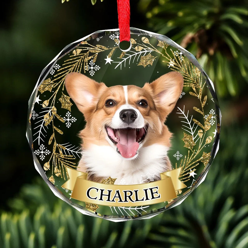 Custom Photo Happiness Is A Warm Puppy Or A Purring Kitty - Dog & Cat Personalized Custom Circle Glass Ornament - Christmas Gift For Pet Owners, Pet Lovers