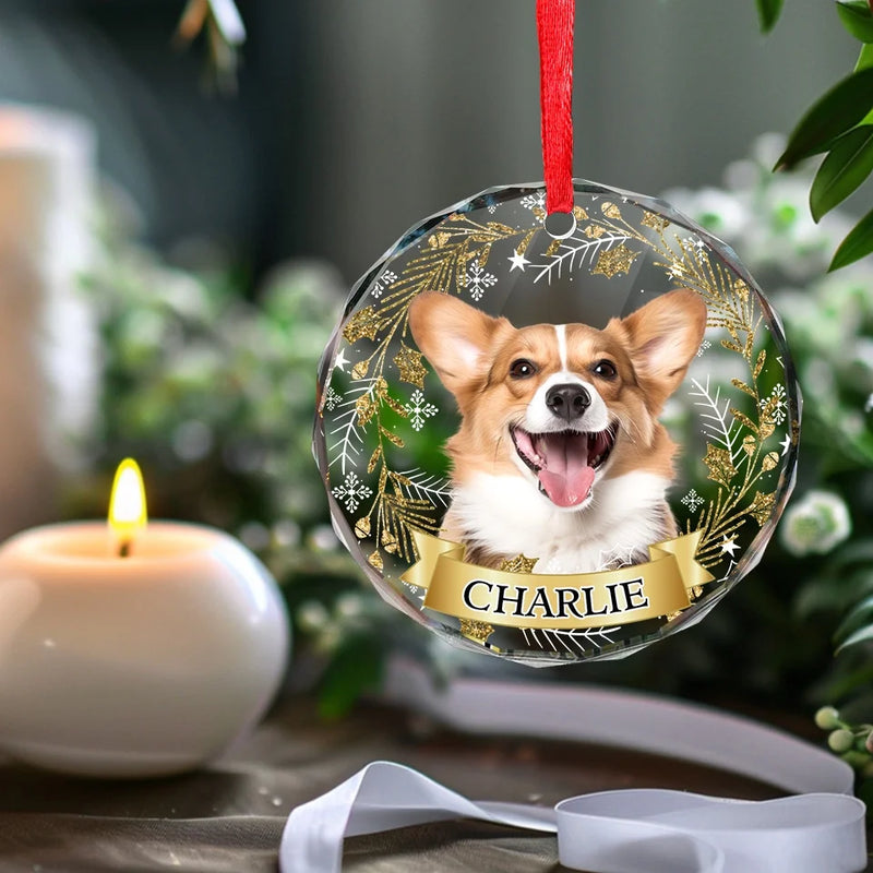Custom Photo Happiness Is A Warm Puppy Or A Purring Kitty - Dog & Cat Personalized Custom Circle Glass Ornament - Christmas Gift For Pet Owners, Pet Lovers