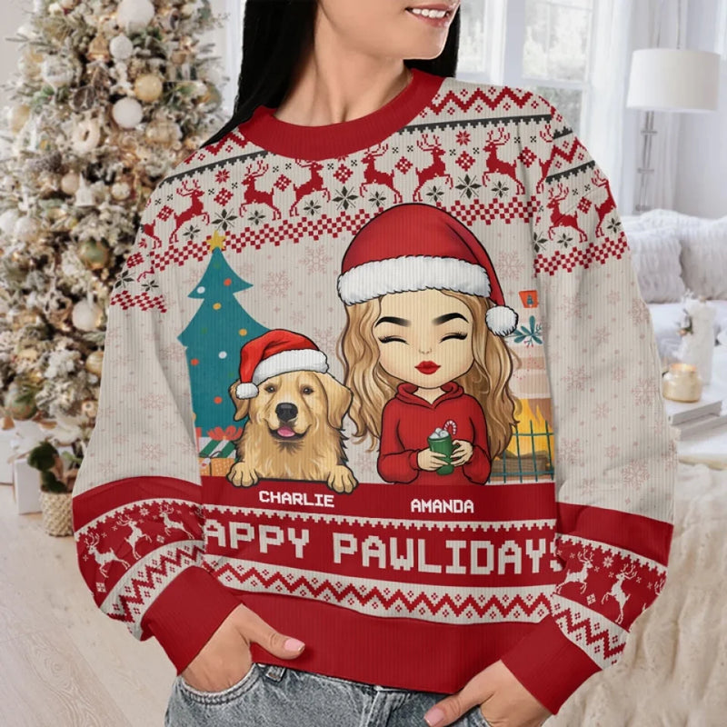 Happy Pawlidays - Dog & Cat Personalized Custom Ugly Sweatshirt - Unisex Wool Jumper - Christmas Gift For Husband Wife, Anniversary, Pet Owners, Pet Lovers