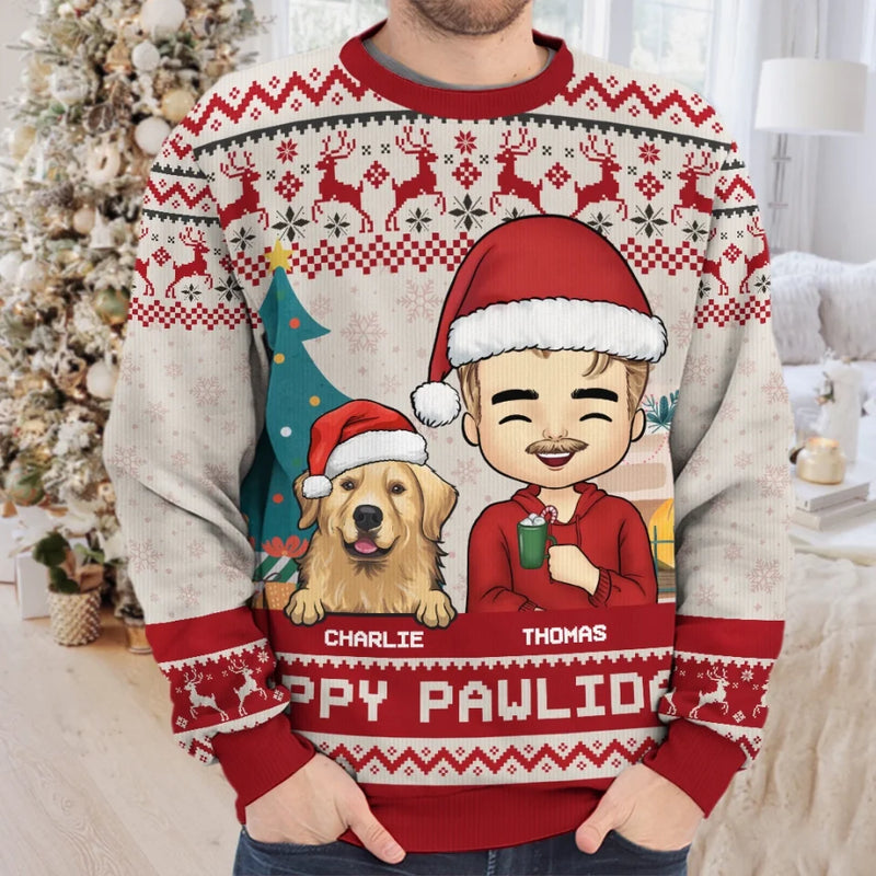Happy Pawlidays - Dog & Cat Personalized Custom Ugly Sweatshirt - Unisex Wool Jumper - Christmas Gift For Husband Wife, Anniversary, Pet Owners, Pet Lovers