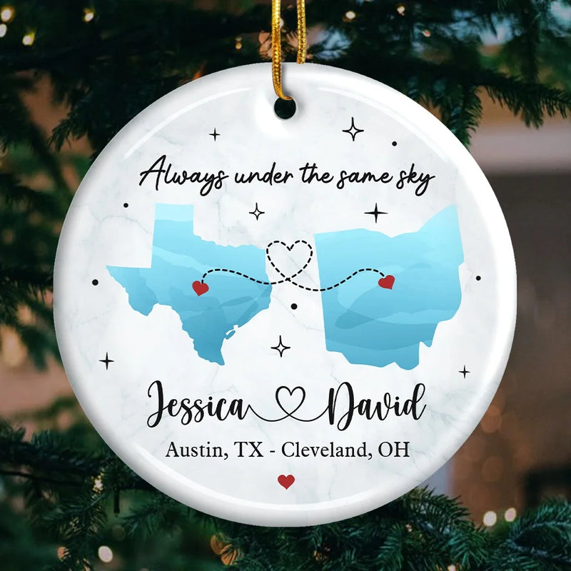 Miles Apart, But Closer Than Ever At Heart - Couple Personalized Custom Ornament - Ceramic Round Shaped - Christmas Gift For Husband Wife, Anniversary