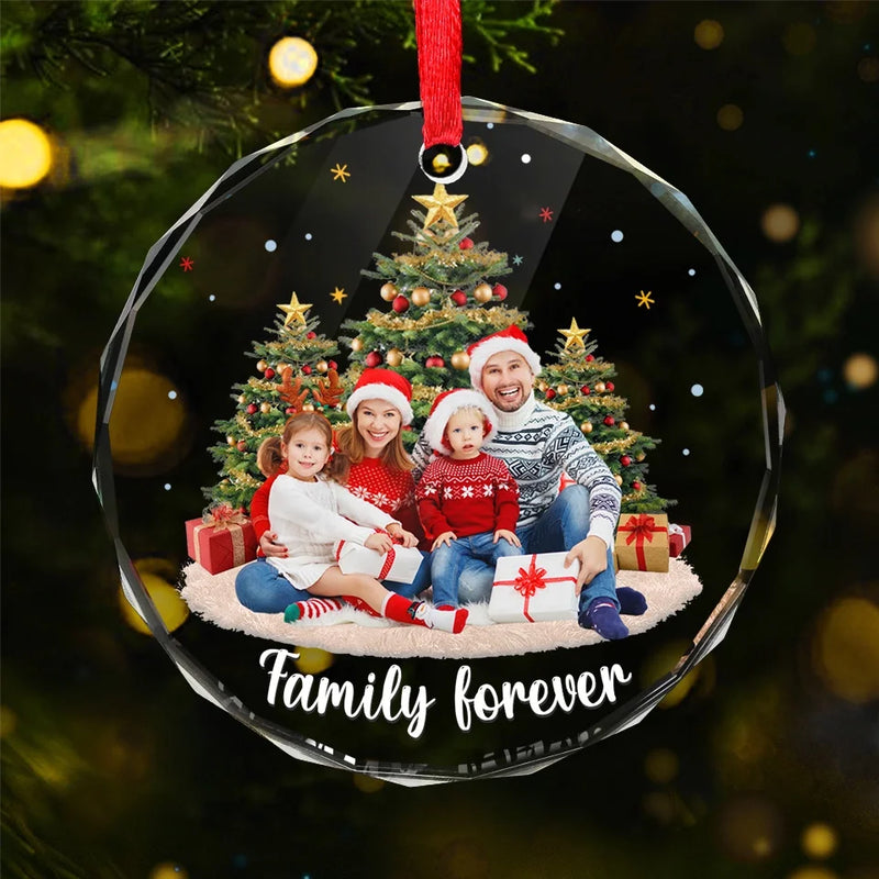 Custom Photo Christmas With My Family Is My Happy Place - Family Personalized Custom Circle Glass Ornament - Christmas Gift For Family Members
