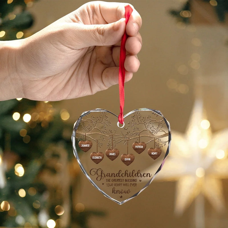 Grandkids Make Life More Grand - Family Personalized Custom Heart Glass Ornament - Christmas Gift For Grandma