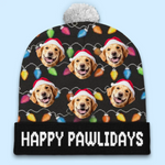 Custom Photo Happy Pawlidays - Dog & Cat Personalized Custom Christmas Beanie Hat - Christmas Gift For Pet Owners, Pet Lovers