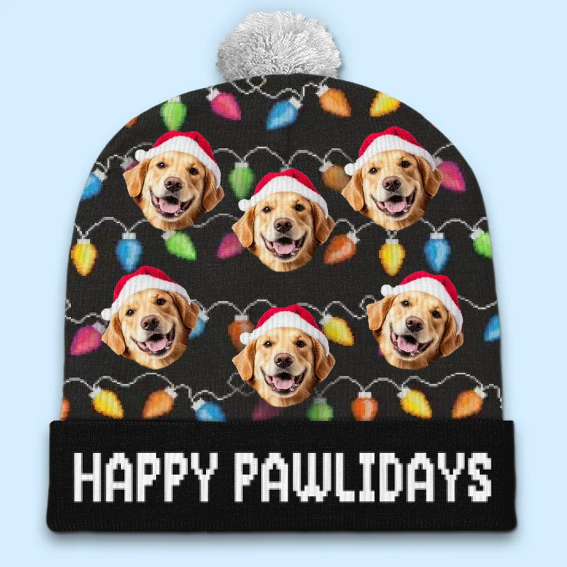 Custom Photo Happy Pawlidays - Dog & Cat Personalized Custom Christmas Beanie Hat - Christmas Gift For Pet Owners, Pet Lovers