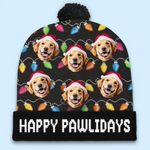 Custom Photo Happy Pawlidays - Dog & Cat Personalized Custom Christmas Beanie Hat - Christmas Gift For Pet Owners, Pet Lovers