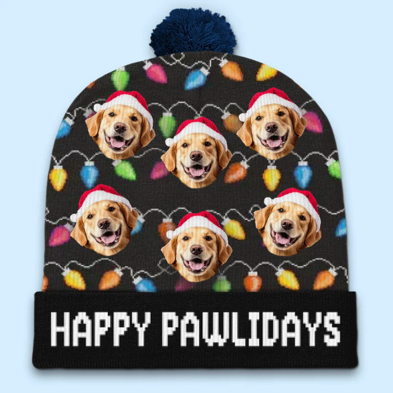 Custom Photo Happy Pawlidays - Dog & Cat Personalized Custom Christmas Beanie Hat - Christmas Gift For Pet Owners, Pet Lovers
