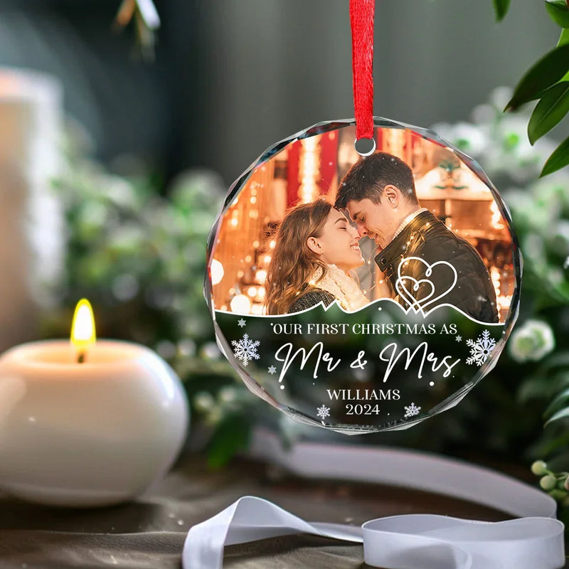 Custom Photo First Christmas, Endless Love And Joy - Couple Personalized Custom Circle Glass Ornament - Christmas Gift For Husband Wife, Anniversary, First Christmas