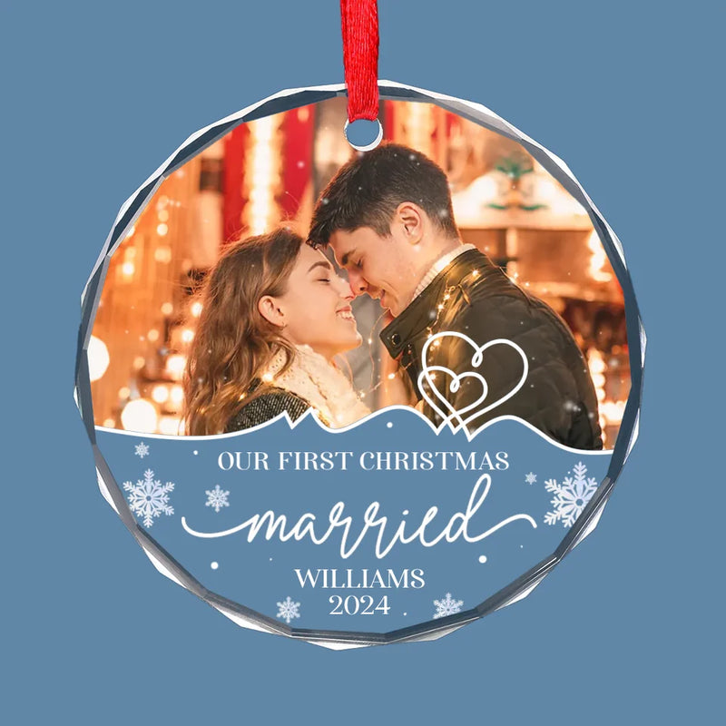 Custom Photo First Christmas, Endless Love And Joy - Couple Personalized Custom Circle Glass Ornament - Christmas Gift For Husband Wife, Anniversary, First Christmas