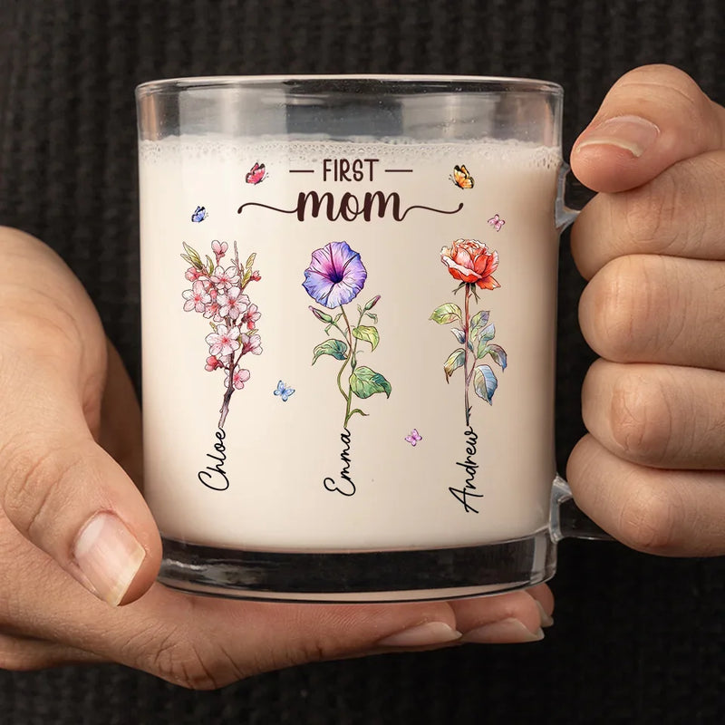 Grandma's Love Brings Blossoms To Life - Family Personalized Custom Glass Mug - Gift For Mom, Grandma