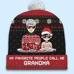 Christmas Is Brighter With Grandma - Family Personalized Custom Christmas Beanie Hat - Christmas Gift For Mom, Grandma