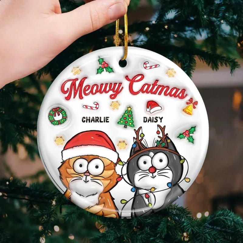 Meowy Catmas - Cat Personalized Custom 3D Inflated Effect Printed Ornament - Ceramic Round Shaped - Christmas Gift For Pet Owners, Pet Lovers