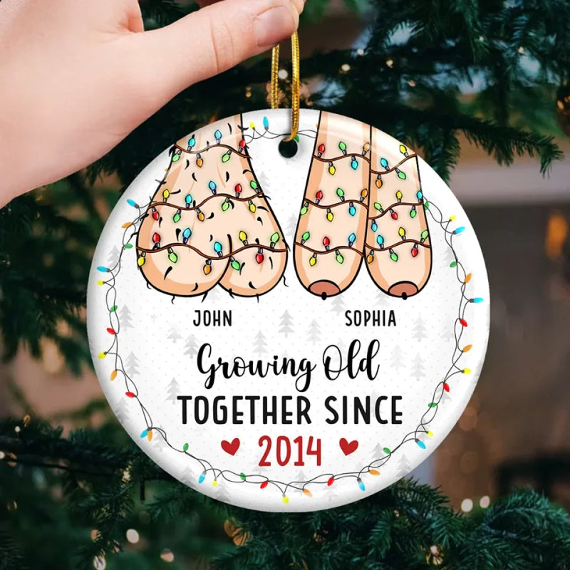 Growing Old Together - Couple Personalized Custom Ornament - Ceramic Round Shaped - Christmas Gift For Husband Wife, Anniversary