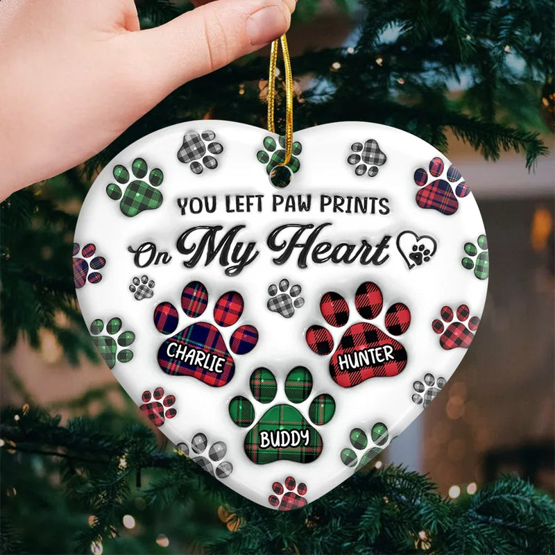 You Left Paw Prints On My Heart - Memorial Personalized Custom 3D Inflated Effect Printed Ornament - Ceramic Heart Shaped - Sympathy Gift, Christmas Gift For Pet Owners, Pet Lovers