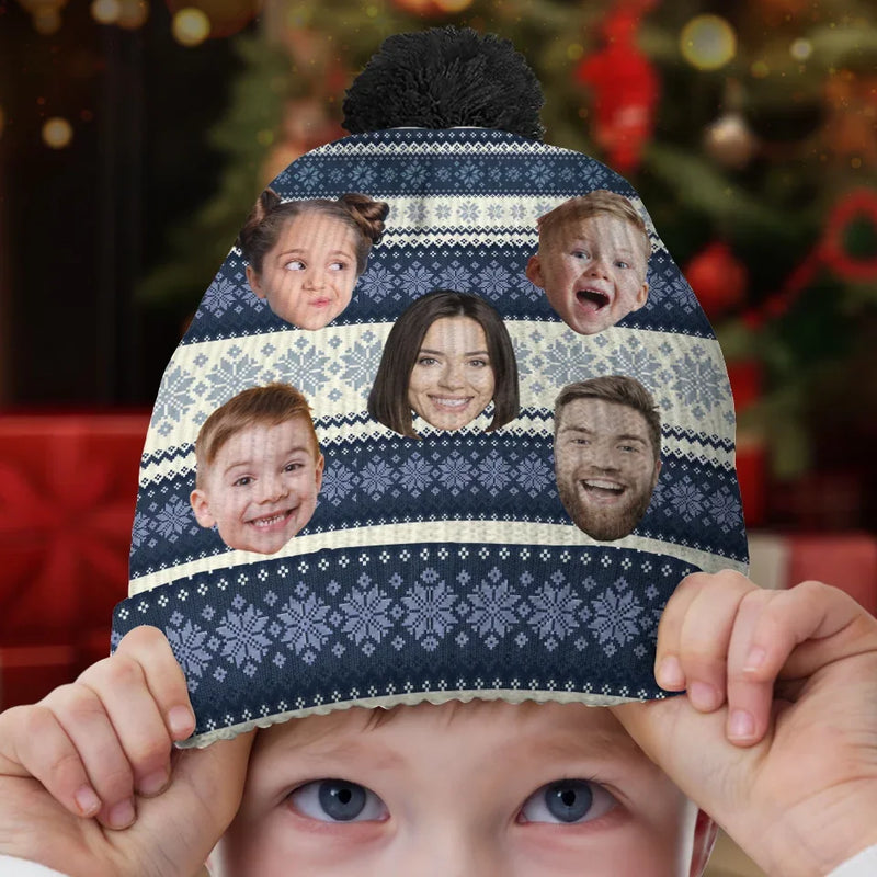 Custom Photo Family Makes Christmas Merrier And Brighter - Family Personalized Custom Christmas Beanie Hat - Christmas Gift For Family Members