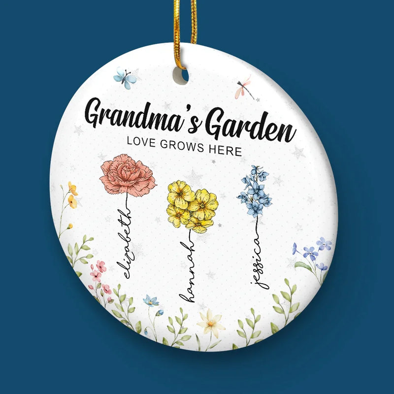 Just As Flowers Bring Color To The Garden, Grandma Bring Joy To Our Hearts - Family Personalized Custom Ornament - Ceramic Round Shaped - Christmas Gift For Grandma